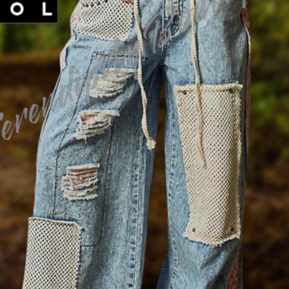 POL Rustic Denim Studded Detail Patchwork Baggy Wide Leg Cotton Blue Jeans - Picture 5 of 10